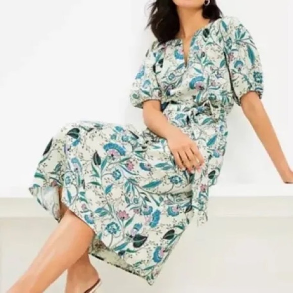 LOFT NWT Floral Linen Blend V-Neck Puff Sleeve Midi Dress Cream Short Sleeve XS - Picture 5 of 6